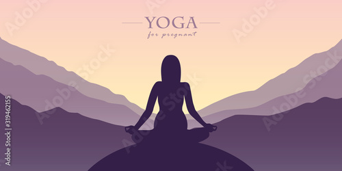 yoga for pregnant women silhouette mountain view purple landscape vector illustration EPS10