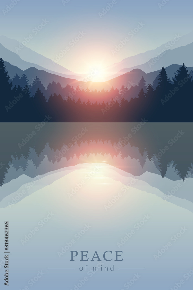 Plakat piękny wschód słońca nad spokojnym jeziorem na górskiej przyrodzie krajobraz ilustracji wektorowych EPS10
