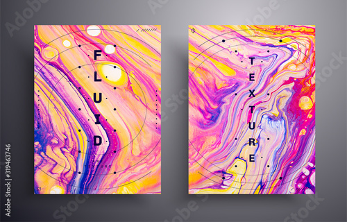 Purple, orange and pink red vibrant abstract texture. Liquid waves and stains illustration. Abstract fluid acrylic painting. Applicable for design cover, presentation, flyer, poster and business card