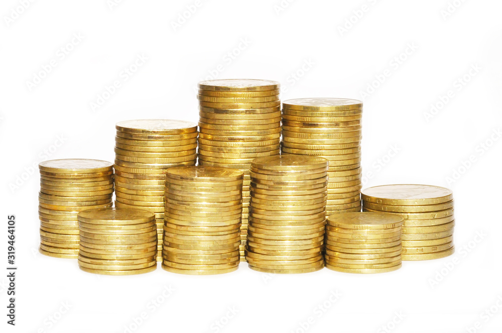 Many stacks of golden coins isolated on white background for design financial concept Many stacks of golden coins isolated on white background for design financial concept