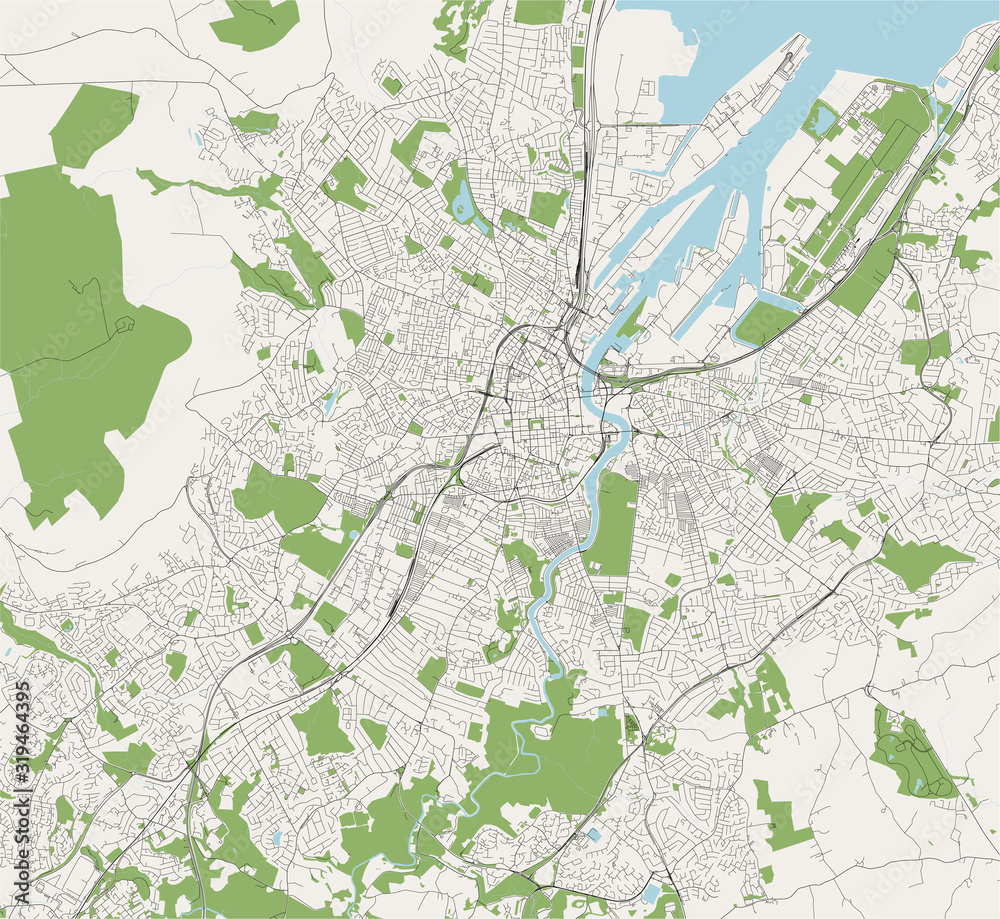 map of the city of Belfast, County Antrim, Northern Ireland, UK