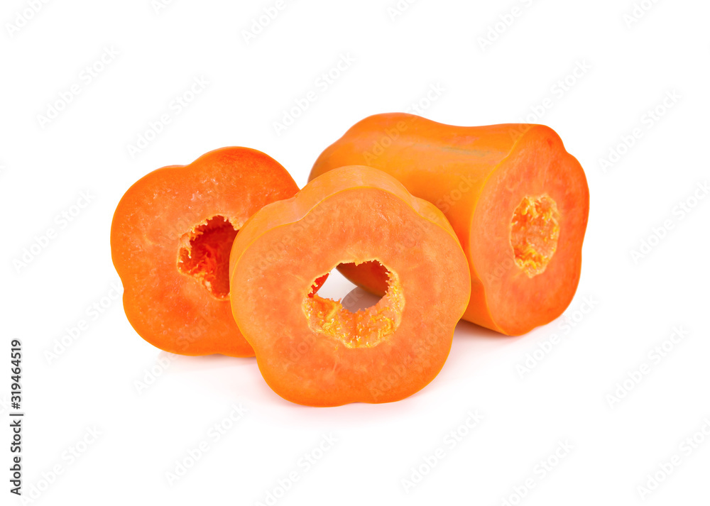 unpeeled and sliced ripe papaya on white background unpeeled and sliced ripe papaya on white background