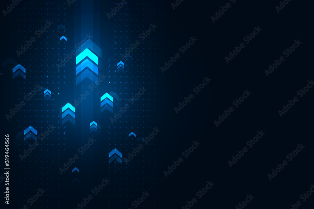 Light arrow up on grid dark background illustration, copy space composition, digital growth concept.