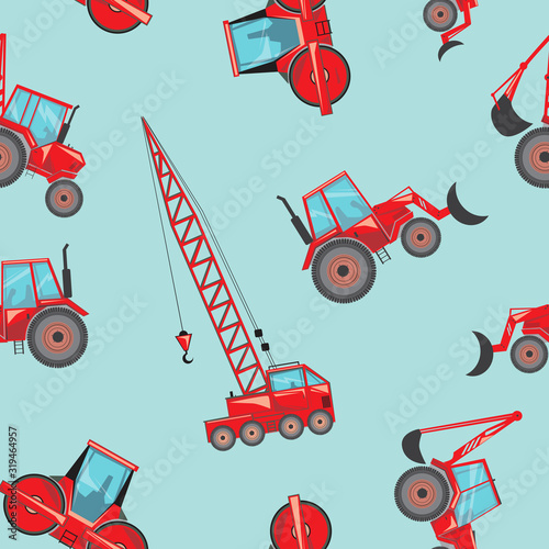 A seamless pattern with red tractors for boys or children, a vector stock illustration with a random tractor for printing on fabric, paper or wallpaper