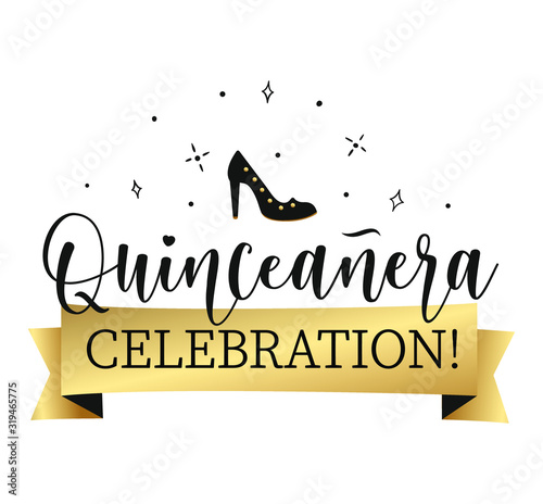 Quinceanera celebration lettering sign to make invitation card, iron on, decoration. Teenager girl birthday celebration calligraphy.  Vector stock illustration. 