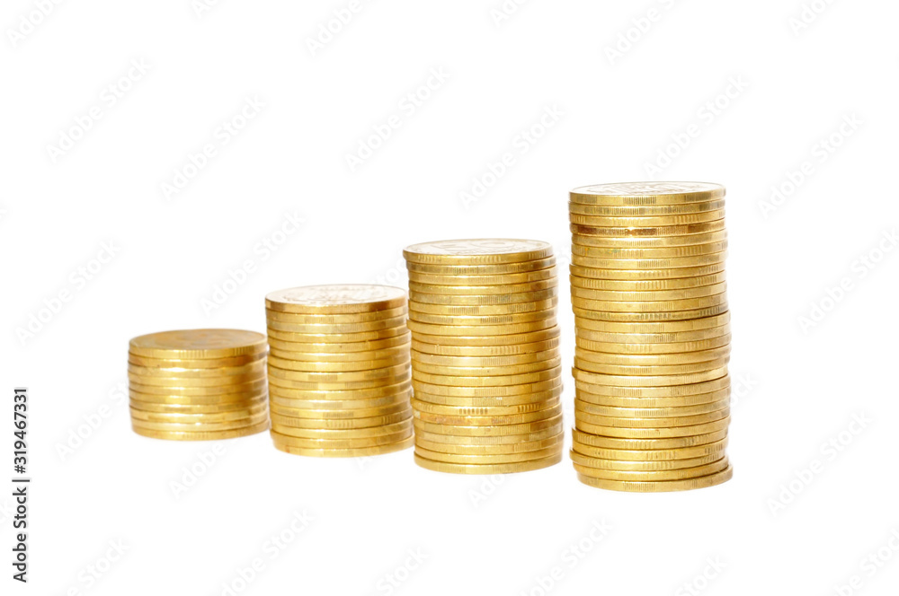 Many stacks of golden coins isolated on white background for design financial concept Many stacks of golden coins isolated on white background for design financial concept