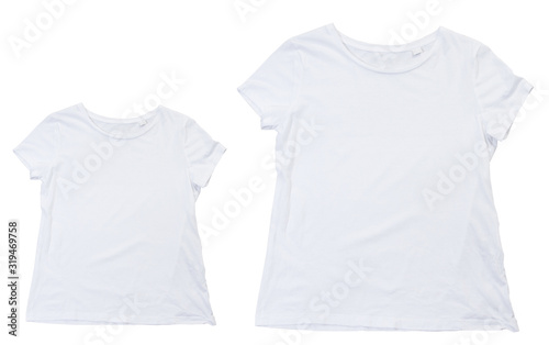 White t-shirt and t-shirt for teenager or baby mock up. Collection of various t shirts on white background. Each one is shot separately. Two white blank t shirt