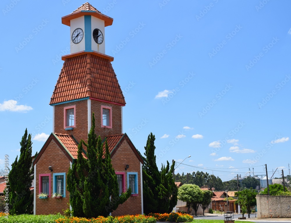Holambra, São Paulo, Brazil - January 25, 2020 - Clock tower of Holambra, Brazil. Holambra is the main producer of flowers and Dutch immigrant citizens in Brazil.