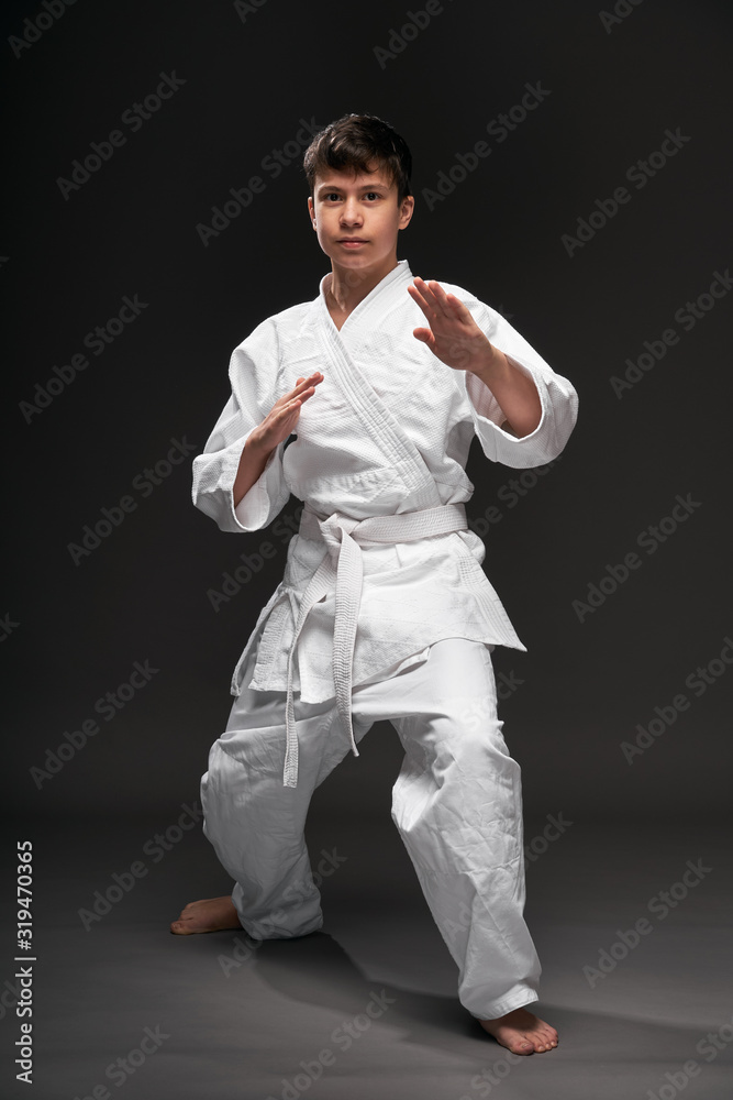 a teenager dressed in martial arts clothing poses on a dark gray background, a sports concept a teenager dressed in martial arts clothing poses on a dark gray background, a sports concept