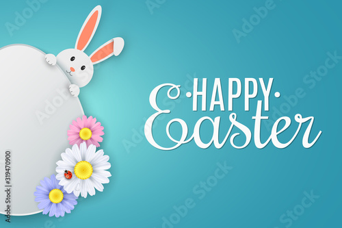 Easter cover. Cute cartoon rabbit and egg. Spring flowers with ladybug. Greeting card. Egg hunt. Vector illustration