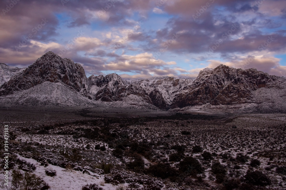 Rugged Wilderness at Sunrise in Nevada Following Early Snowfall