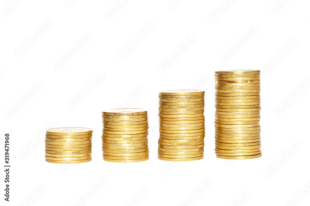 Many stacks of golden coins isolated on white background for design financial concept Many stacks of golden coins isolated on white background for design financial concept