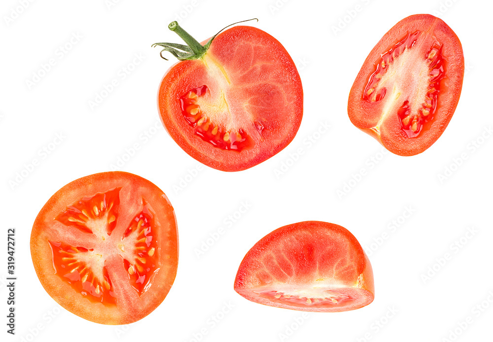 Fresh red tomato slices isolated on a white background, top view.