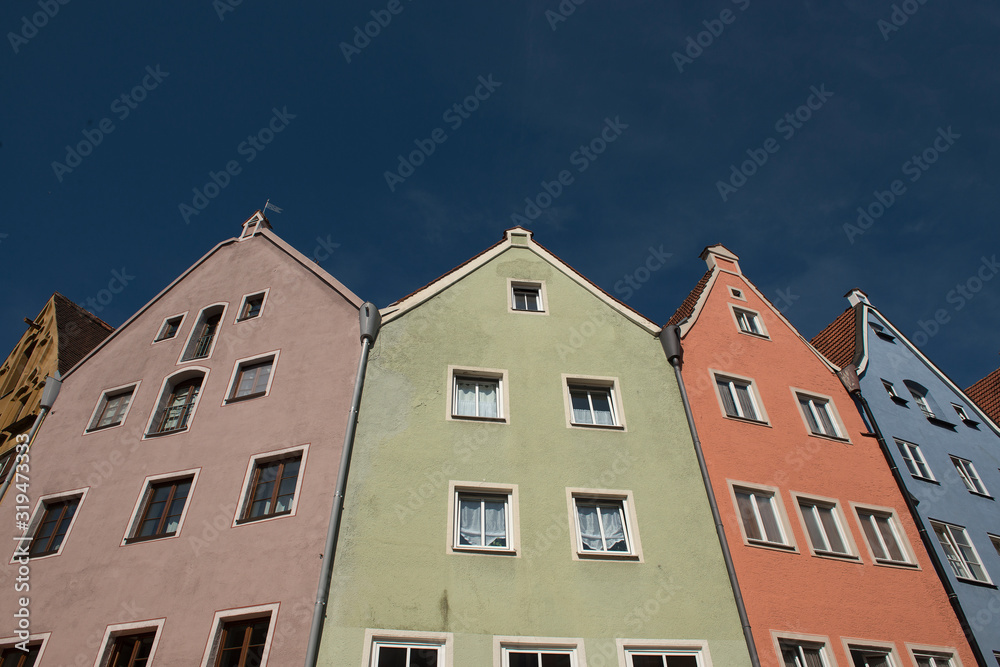 Fototapeta premium Füssen, Germany - July 20, 2019; Colorful historic houses in Füssen a touristic and historic town on the romantic road