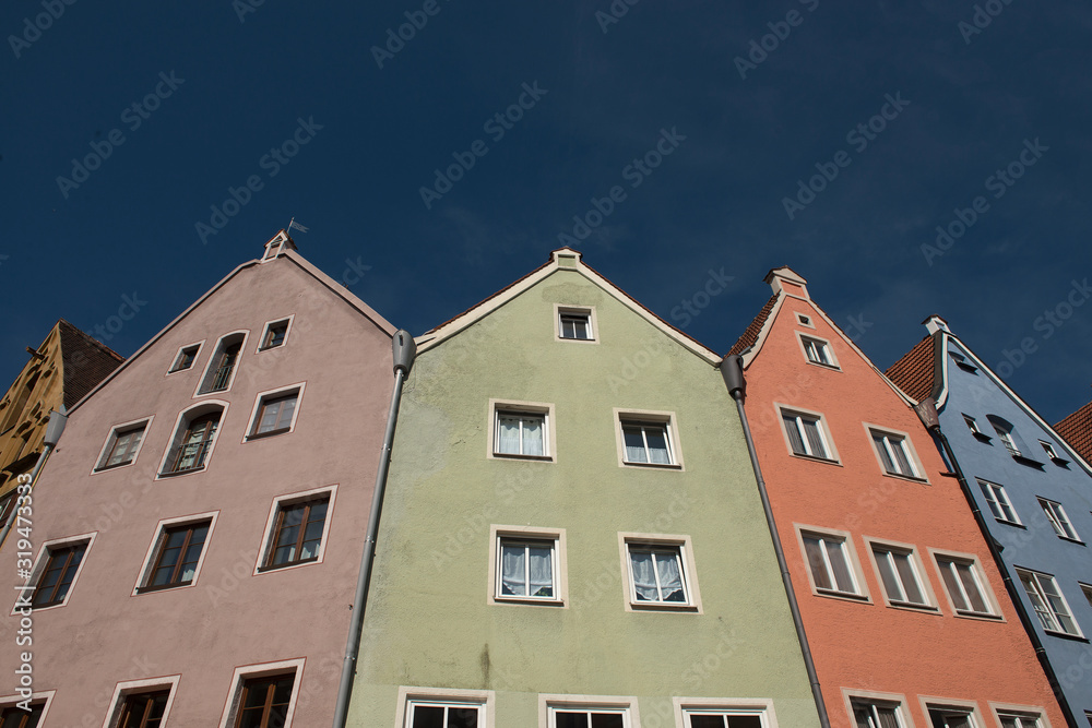 Füssen, Germany - July 20, 2019; Colorful historic houses in Füssen a touristic and historic town on the romantic road