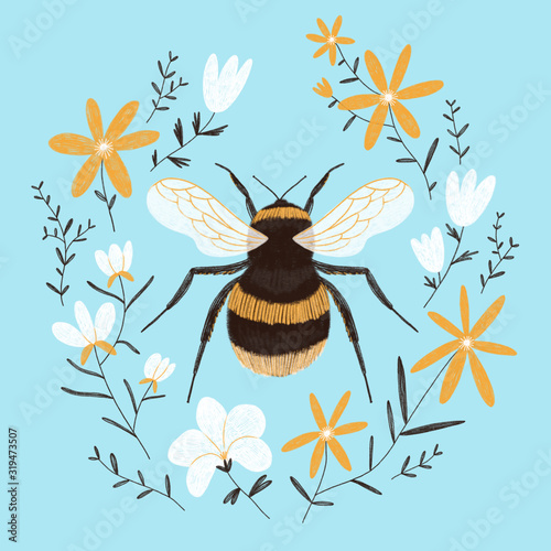 Bee in a floral wreath, beautiful botanical illustration