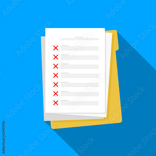 Failed Check List Document Flat Icon Long Shadow Vector Illustration.