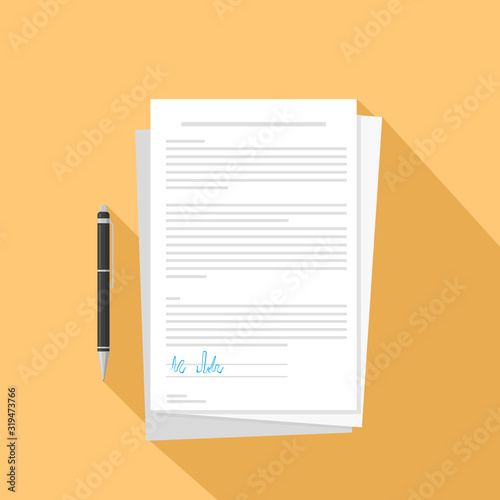 Signed Contract Paperwork Document Flat Icon Long Shadow Vector Illustration.