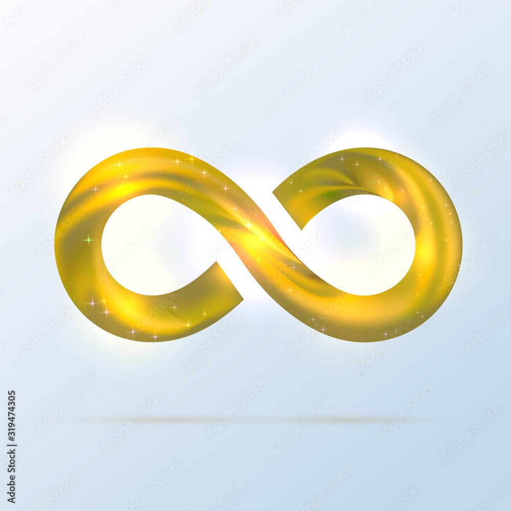 ภาพประกอบสต็อก Bright golden fusion swoosh ribbin infinity symbol. 3d ...