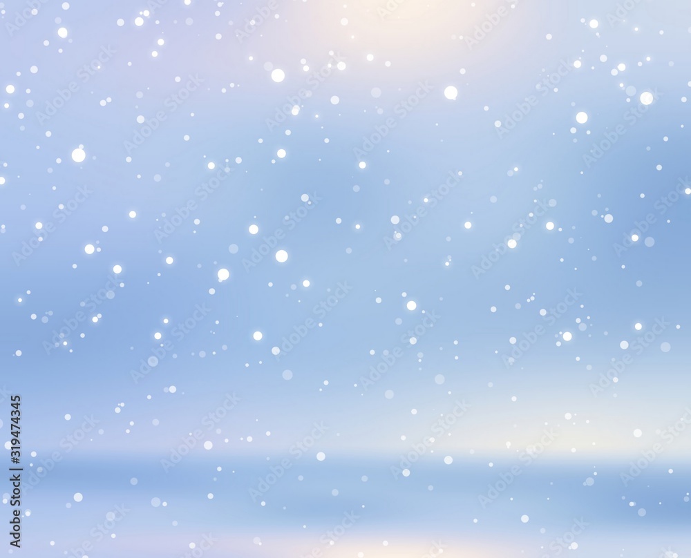 Snow falls on blue natural background. Winter outdoor blur illustration. 