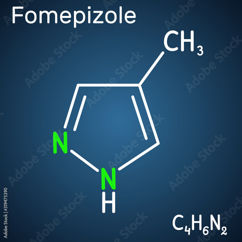 Fomepizole, 4-methylpyrazole, C4H6N2 molecule. It is used to treat methanol and ethylene glycol poisoning. Structural chemical formula on the dark blue background photo