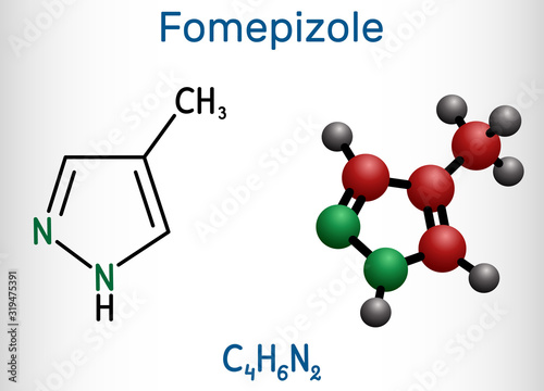 Fomepizole, 4-methylpyrazole, C4H6N2 molecule. It is used to treat methanol and ethylene glycol poisoning. Structural chemical formula and molecule model