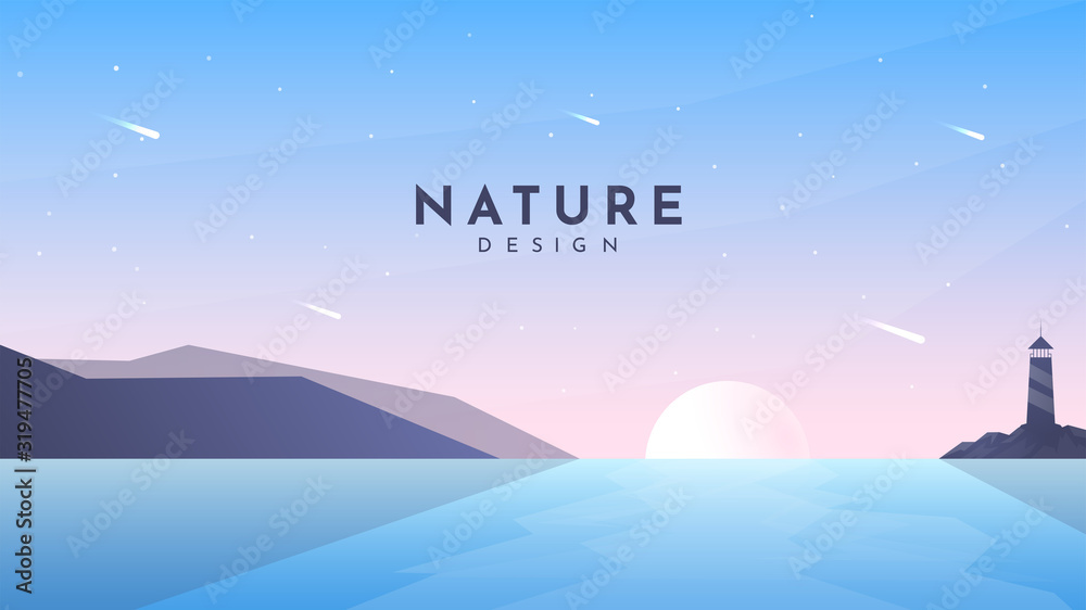 Minimalist vector abstract illustration. Flat style background. Sunset scene. Polygonal mountain and lighthouse on the rock. Sun reflection in water. Colorful backdrop. Blue wallpaper. Clear sky