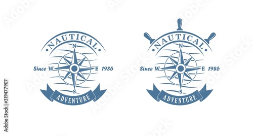 Set of color logos of sea adventures. Vector illustration of a steering wheel, waves, compass and text with ribbon on a white background. Color illustration advertising sea travel.