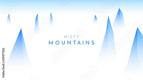 Vector cartoon illustration with copy space for text. Blue mountain tops landscape with fog. Misty nature design. Website or game template with copy space for text. Clear sky. Rock in haze
