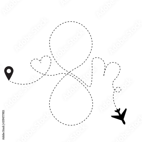 Romantic travel 8 марта, heart dashed line trace and plane routes 8 марта. Hearted airplane path, flight air dotted love valentine day drawing 8 марта. photo