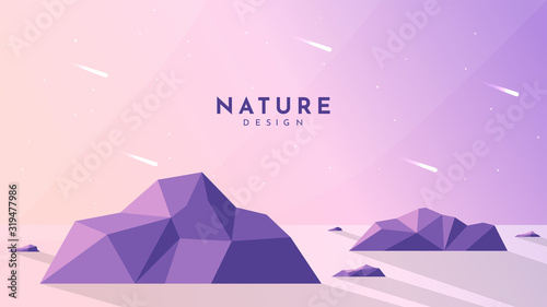 Bright vector landscape. Minimalist flat design. Clear polygonal starry sky with asteroids. Rocks in water. Horizon light. Website or game template. Backdrop with sunlights. Tourism concept.  Sunshine