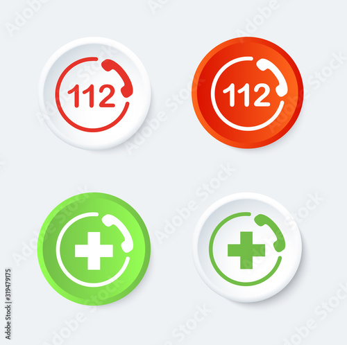 112 and AID button. Emergency phone symbol. Round icons.