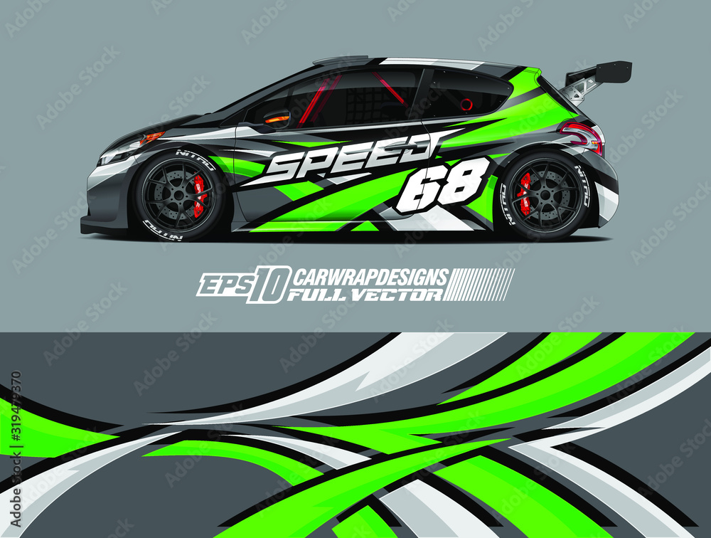 Car wrap decal graphic design. Abstract stripe racing background designs for wrap cargo van, race car, pickup truck, adventure vehicle. Full vector Eps 10