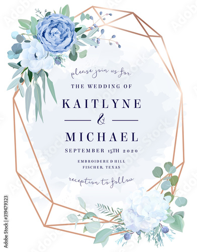 Dusty blue rose,  white hydrangea,anemone, eucalyptus, juniper vector design frame.