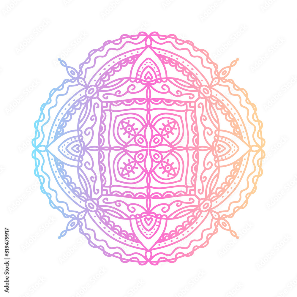 Round bright gradient mandala on white isolated background. boho mandala in blue, yellow and pink colors. Mandala with abstract patterns. Yoga template