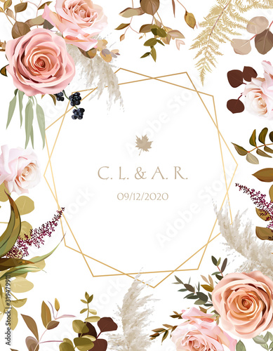 Geometric floral vector design frame.Rose, eucalyptus, astilbe, berry, wildflowers, various plants, leaves and herbs. Natural autumn wedding card. Gold line art. All elements are isolated and editable