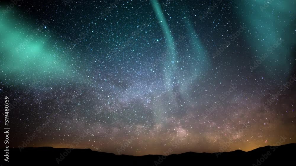 Aurora Borealis Milky Way Galaxy Rise Time Lapse Stars Over Mountains Simulated Northern Lights