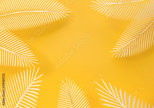 Palm trees leaves. Topical juicy paper cut creative. 3d render illustration. Blank space for brand promotion product. Creative yellow background for advertising presentation. Empty base mockup