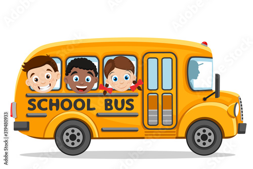 Tableau sur toile Children ride in a yellow school bus on a white. Back to school