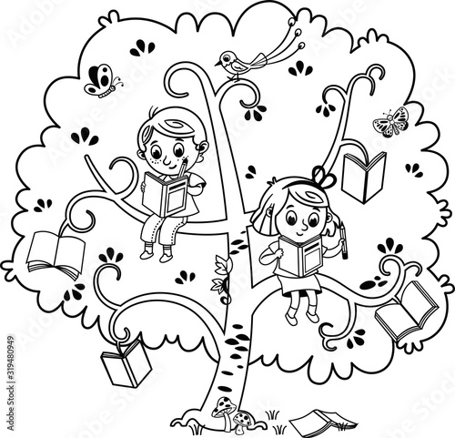 Two cute children, a boy and a  girl reading a book on the tree of books. Black and white. Vector illustration.