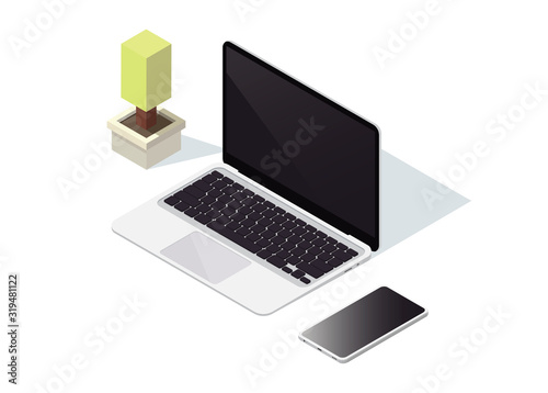 Clean minimalist home office workspace. Vector isometric illustration with laptop, smartphone and plant in the pot.