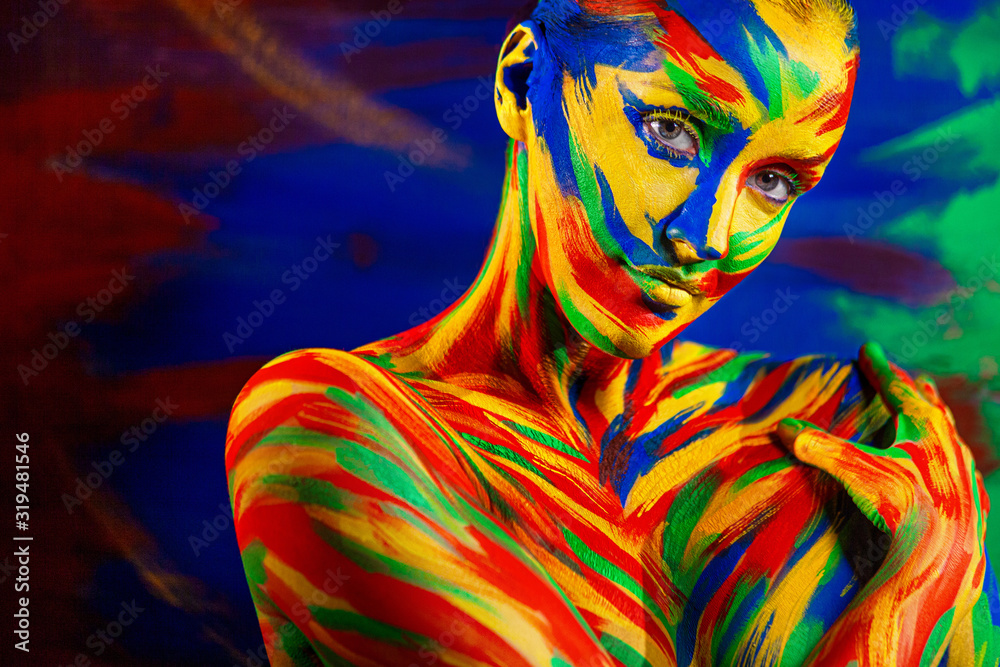 Foto Stock Art fashion makeup and body painting . Color face of woman for  inspiration. Abstract portrait of the bright beautiful girl with colorful  make-up and bodyart. | Adobe Stock