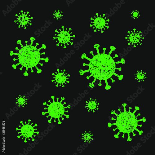 Virus grunge style set. Influenza epidemic wallpaper icon. Computer malware logo. Green symbols isolated black background. Vector illustration image.