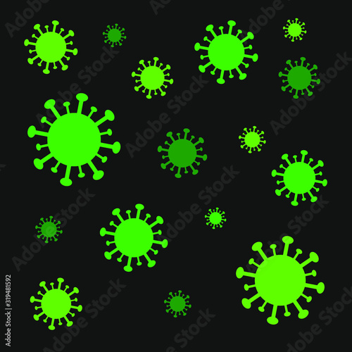 Virus poster. Influenza epidemic wallpaper icon. Pandemic logo. Green symbols isolated black background. Vector illustration image.