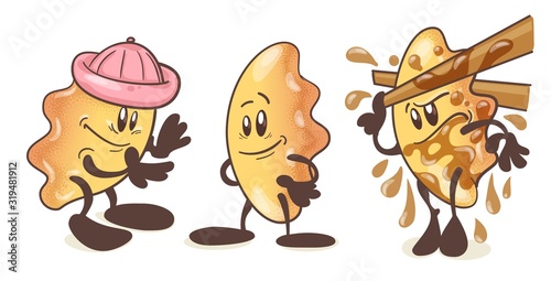 Gyoza - asian fried dumplings. A set of fun cartoon characters. Illustration isolated on white background