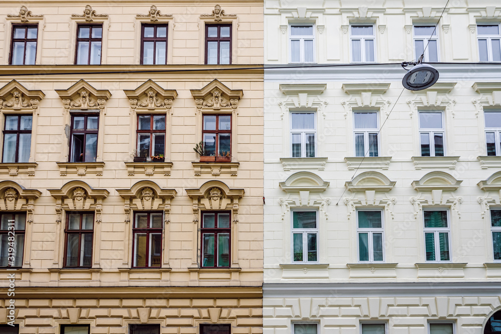 Vienna Architecture. Renovated colored facade of an old apartment building.