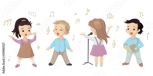 Children sing a song, a set of characters in a music lesson or choir. Vector illustration on white background