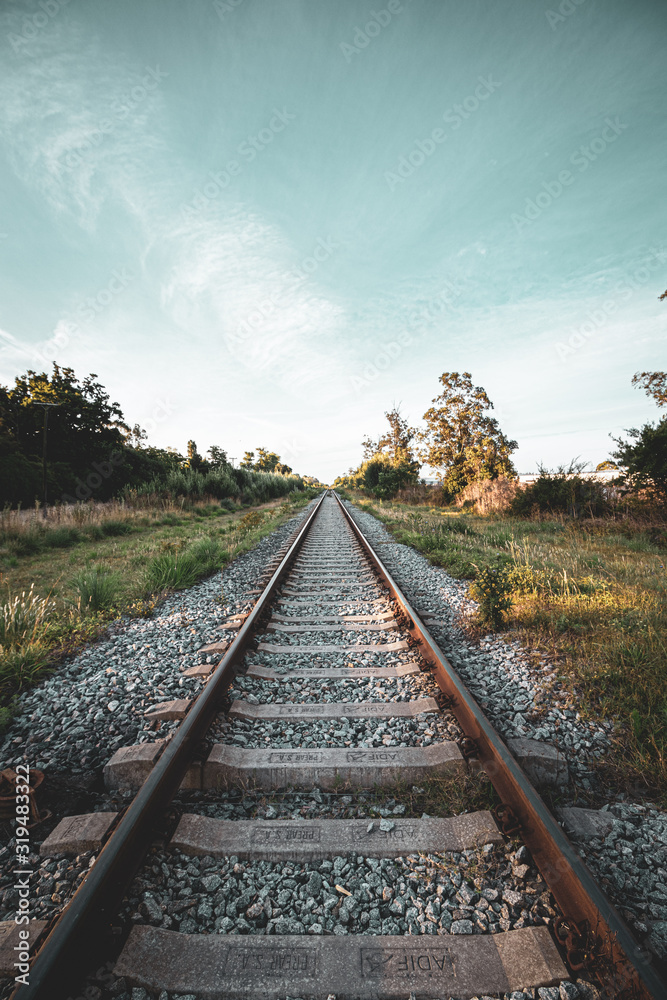Fototapeta premium Train tracks in the field station Camet. Buenos Aires - Mar del Plata