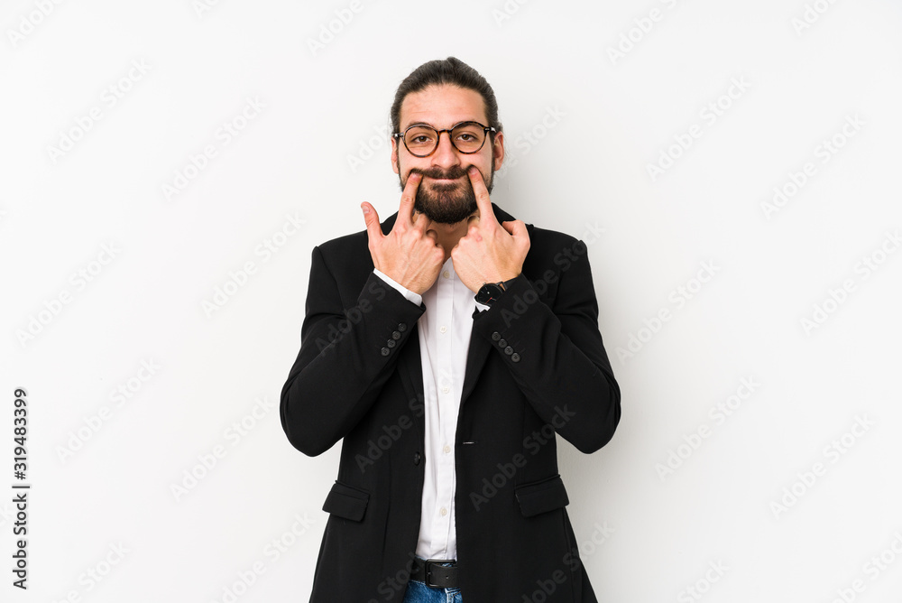 Young caucasian business man isolated on a white background doubting between two options. Young caucasian business man isolated on a white background doubting between two options.