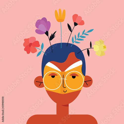 Cute young boy in love with reading. Concept vector illustration in the modern flat style. Modern illustration for print, postcard, t-shirt or book festival.